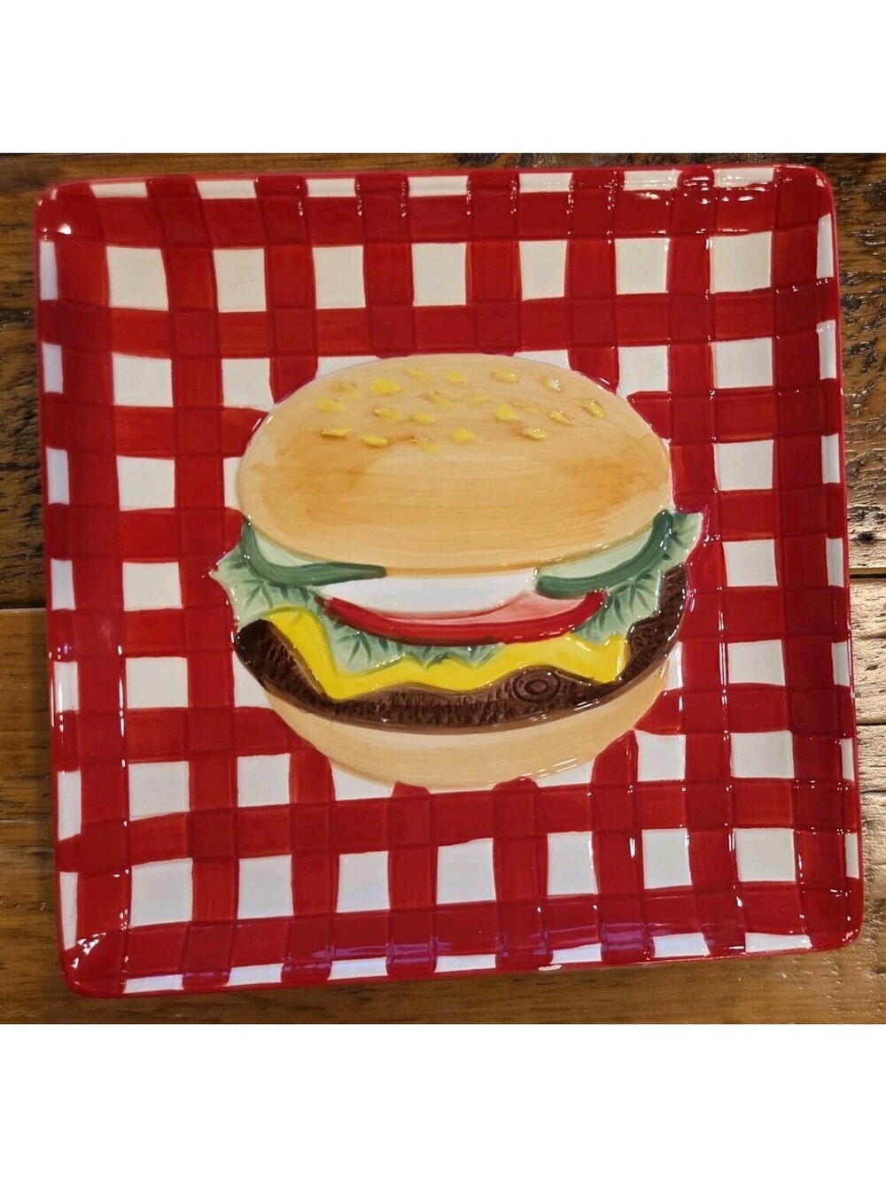 Nantucket Home Red White Gingham Check Cheesburger Square Plates (3) - 8" - 8"